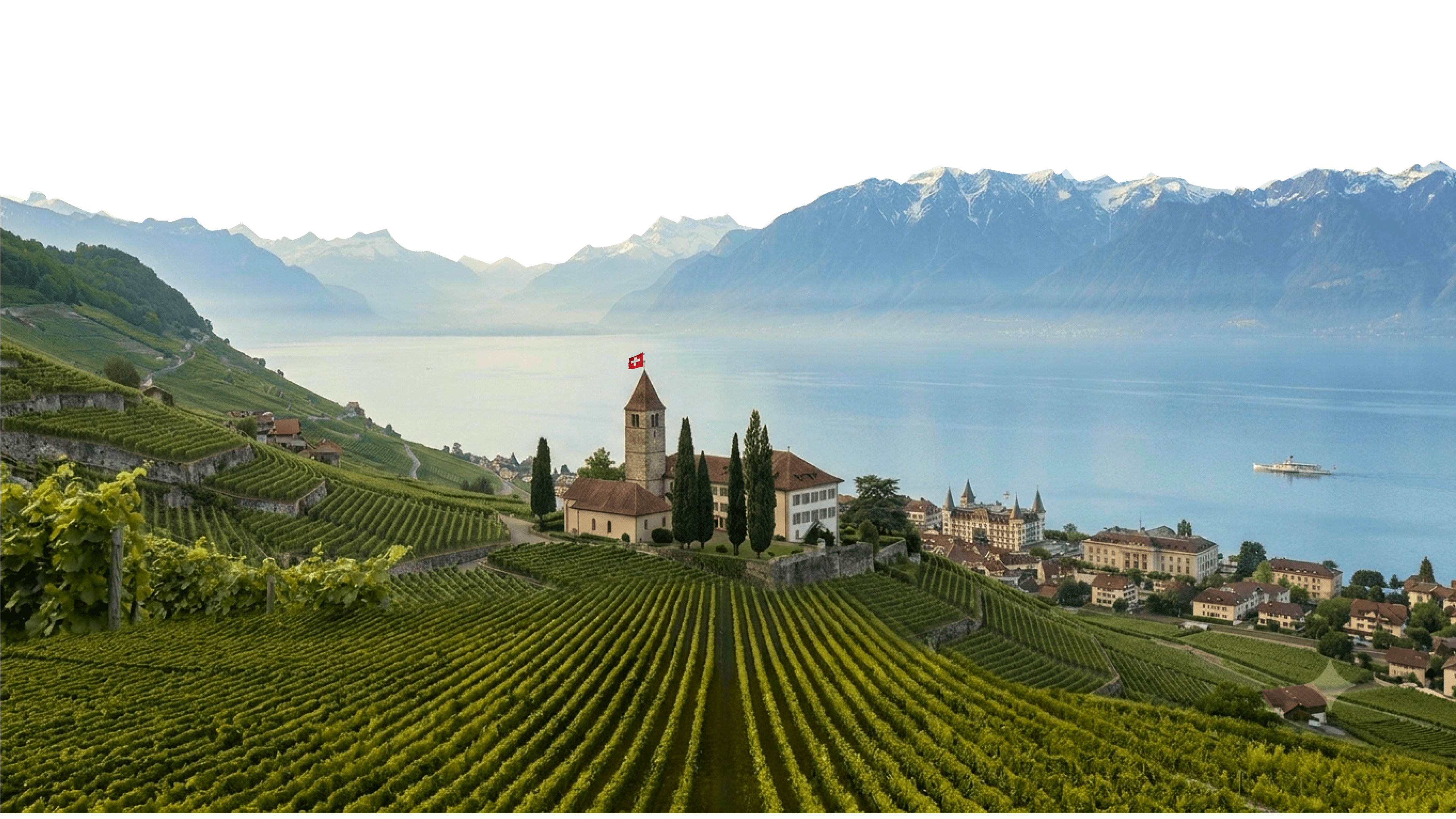 Village et vignobles en terrasses au bord du lac.